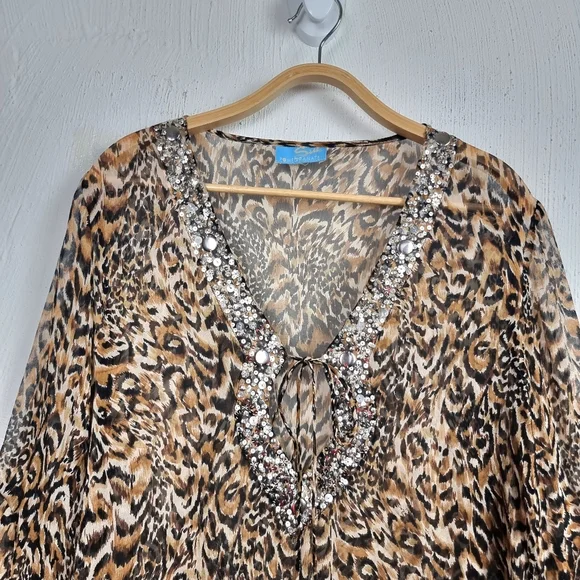 SILK POMEGRANATE Womens Kaftan Top One Size Brown Animal Print Beaded - Picture 4 of 11